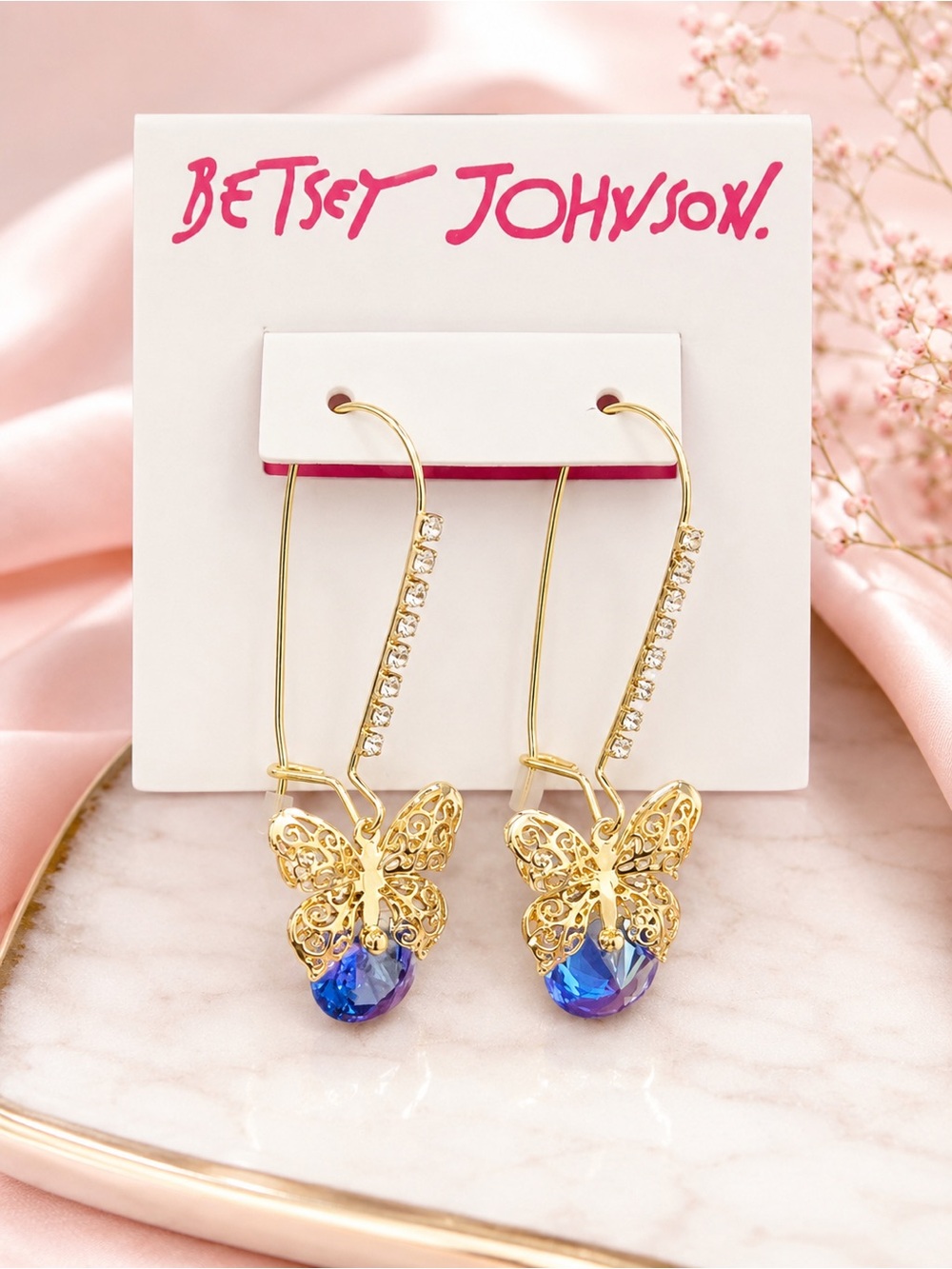 Betsey Johnson Gold Butterfly Blue Crystal Rhinestone Drop Dangle Earrings - Picture 1 of 6